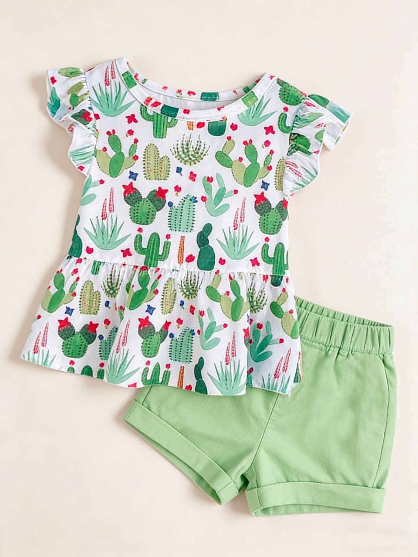 MOQ 5 PCS Preorder GSSO3074 Cactus White Flying Sleeve Green Shorts Girls Sets 202512