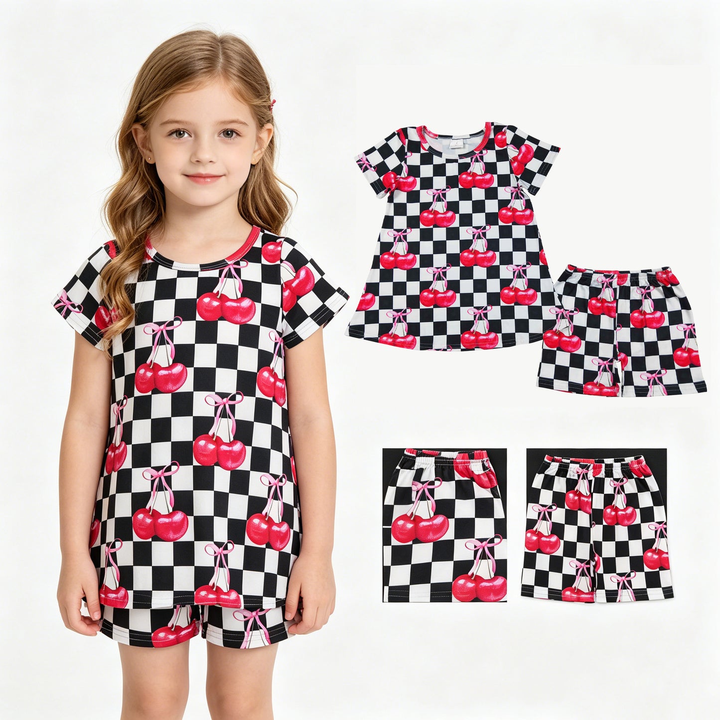 GSSO3075 Bows Cherry Black Plaid Short Sleeve Shorts Girls Sets 202604 RTS