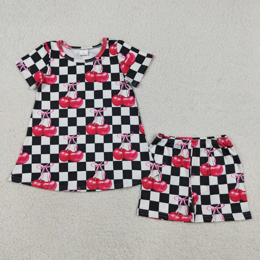 GSSO3075 Bows Cherry Black Plaid Short Sleeve Shorts Girls Sets 202604 RTS