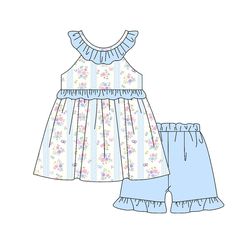 MOQ 5 PCS Preorder GSSO3076 Flower Stripe Blue Ruffle Sleeveless Shorts Girls Sets 202512