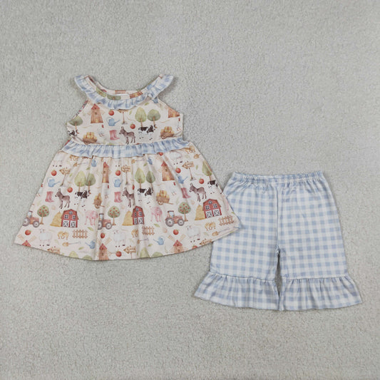 GSSO3077 Farm Animals Blue Plaid Ruffle Sleeveless Shorts Girls Sets 202604 RTS