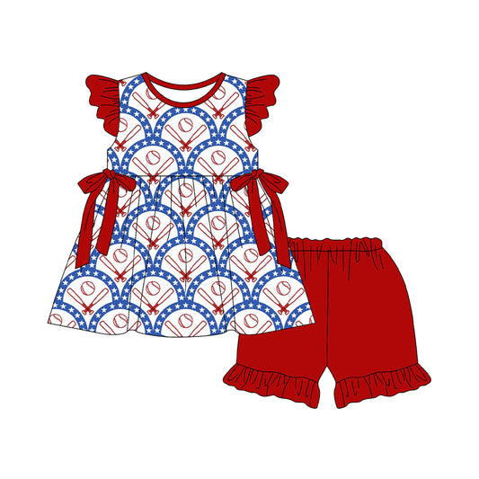 MOQ 5 PCS Preorder GSSO3078 Baseball Star Red Bows Flying Sleeve Shorts Girls Sets 202512