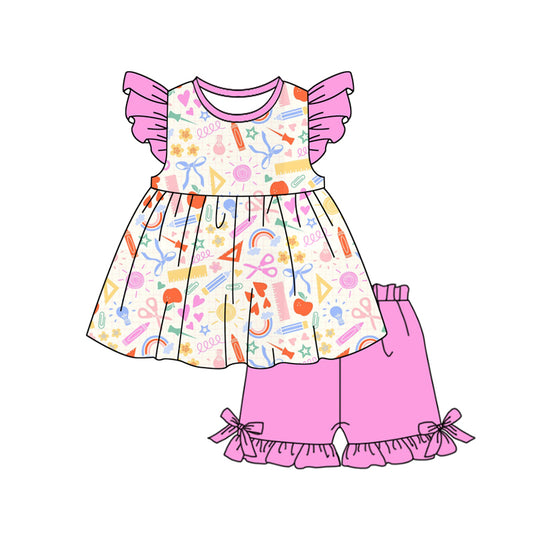 MOQ 5 PCS Preorder GSSO3080 Back to School Rose Red Bows Flying Sleeve Shorts Girls Sets 202512