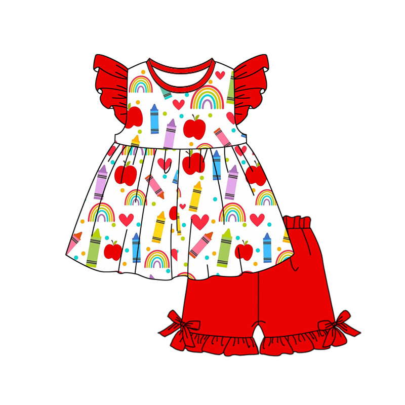 MOQ 5 PCS Preorder GSSO3081 Back to School Red Bows Flying Sleeve Shorts Girls Sets 202512