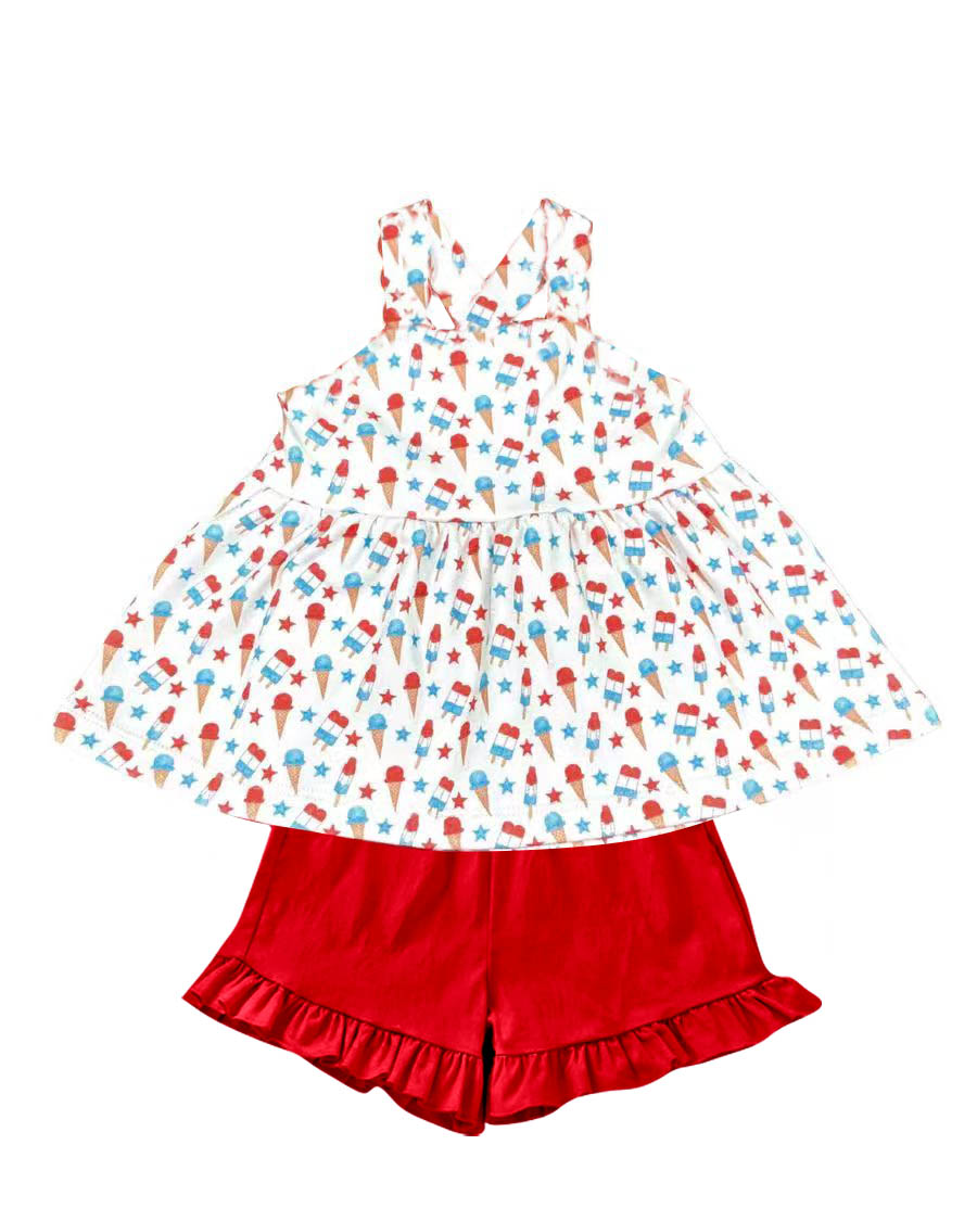 MOQ 5 PCS Preorder GSSO3082 4th of July Star Ice Cream White Sleeveless Red Ruffle Shorts Girls Sets 202512