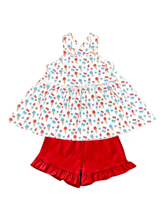 MOQ 5 PCS Preorder GSSO3082 4th of July Star Ice Cream White Sleeveless Red Ruffle Shorts Girls Sets 202512