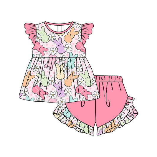 MOQ 5 PCS Preorder GSSO3083 Easter Bunny Flower Pink Flying Sleeve Ruffle Shorts Girls Sets 202512
