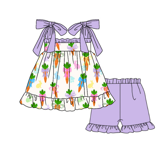 MOQ 5 PCS Preorder GSSO3085 Easter Carrots Bunny Purple Ruffle Sleeveless Shorts Girls Sets 202512