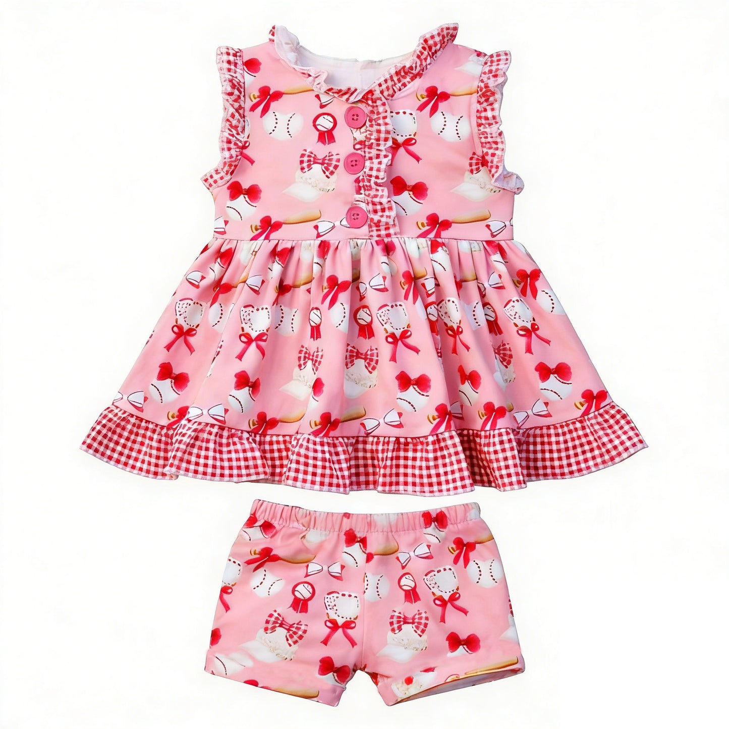MOQ 5 PCS Preorder GSSO3086 Baseball Bows Red Plaid Ruffle Sleeveless Shorts Girls Sets 202512