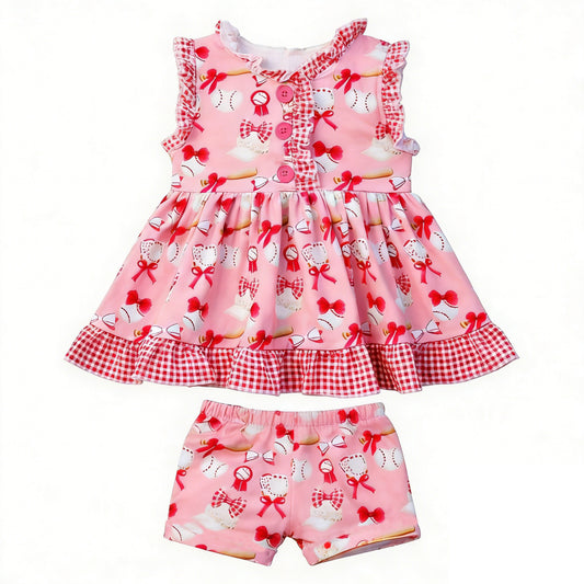 MOQ 5 PCS Preorder GSSO3086 Baseball Bows Red Plaid Ruffle Sleeveless Shorts Girls Sets 202512