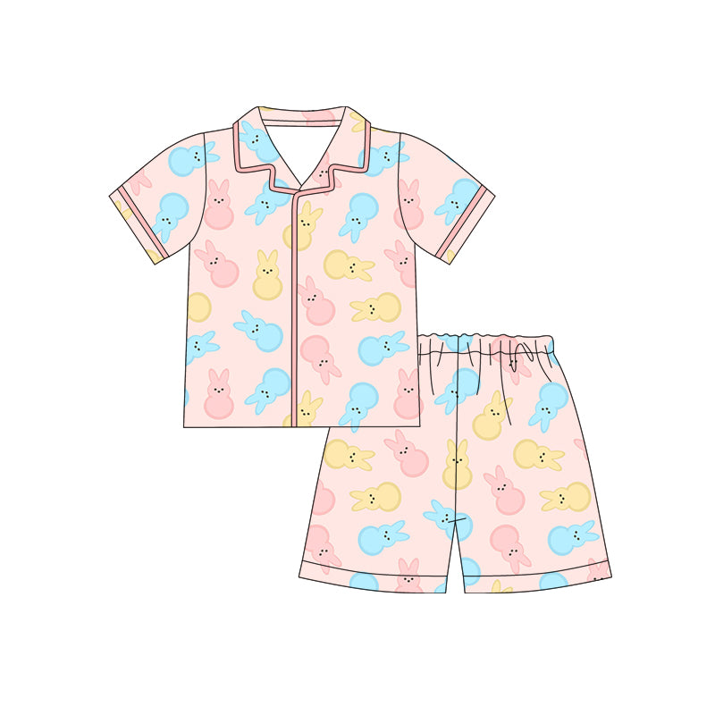 MOQ 5 PCS Preorder GSSO3088 Easter Bunny Orange Pink Buttons Polo Short Sleeve Shorts Girls Pajama Set 202512