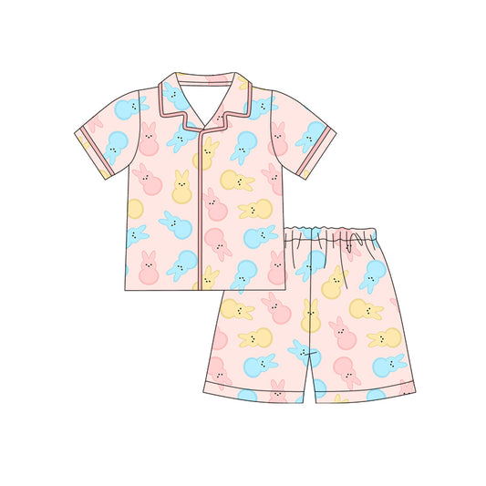 MOQ 5 PCS Preorder GSSO3088 Easter Bunny Orange Pink Buttons Polo Short Sleeve Shorts Girls Pajama Set 202512