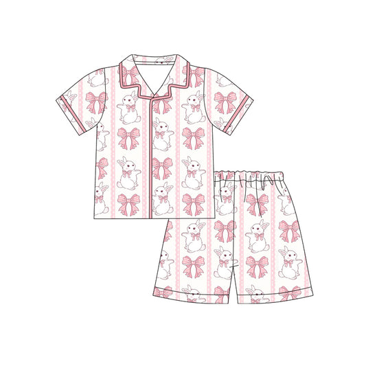 MOQ 5 PCS Preorder GSSO3091 Easter Bunny Bows Pink Stripe Buttons Polo Short Sleeve Shorts Girls Pajama Set 202512