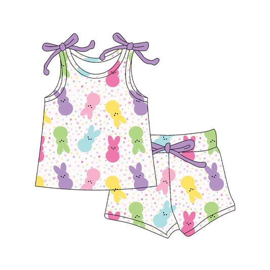 MOQ 5 PCS Preorder GSSO3092 Easter Bunny Dots Purple White Sleeveless Shorts Girls Sets 202512