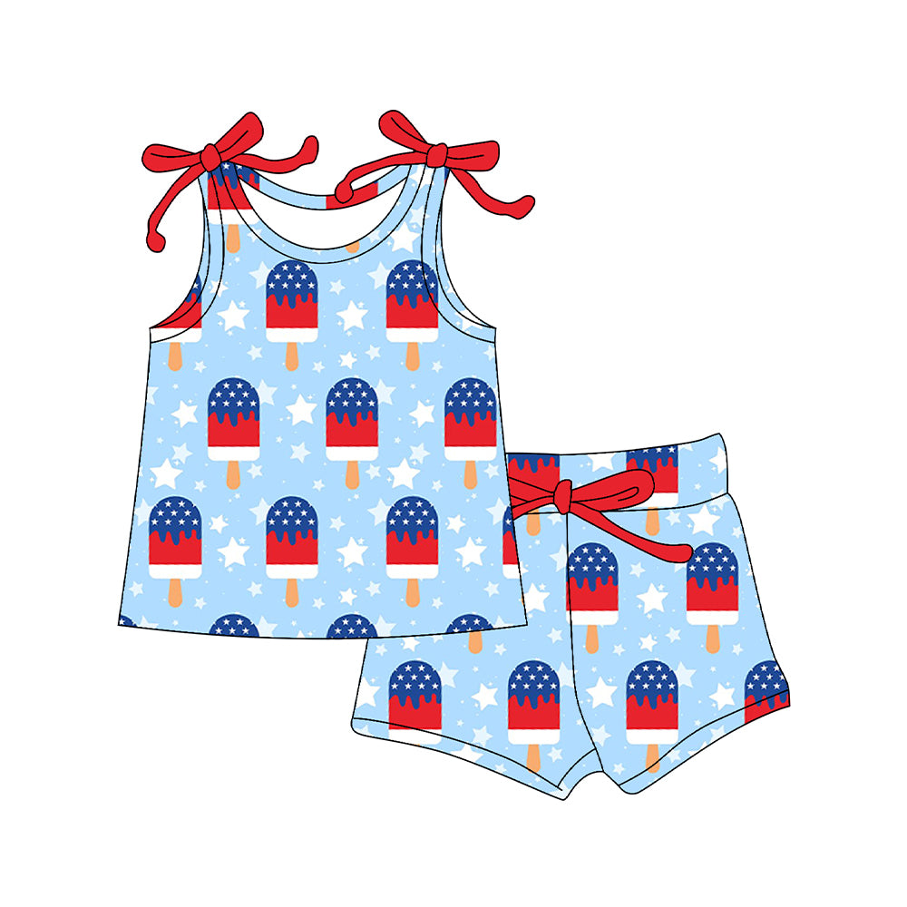 MOQ 5 PCS Preorder GSSO3093 4th of July Ice Cream Star Blue Sleeveless Shorts Girls Sets 202512