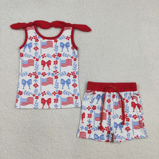 GSSO3094 4th of July Flower Bows Flag Sleeveless Shorts Girls Sets 202603 RTS