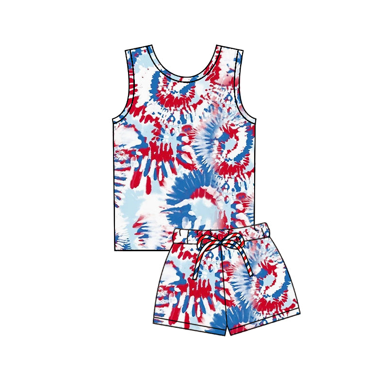 MOQ 5 PCS Preorder GSSO3095 4th of July Red Blue Tie-Dye Pattern Sleeveless Shorts Girls Sets 202512