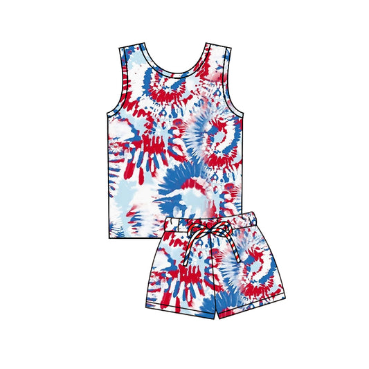 MOQ 5 PCS Preorder GSSO3095 4th of July Red Blue Tie-Dye Pattern Sleeveless Shorts Girls Sets 202512