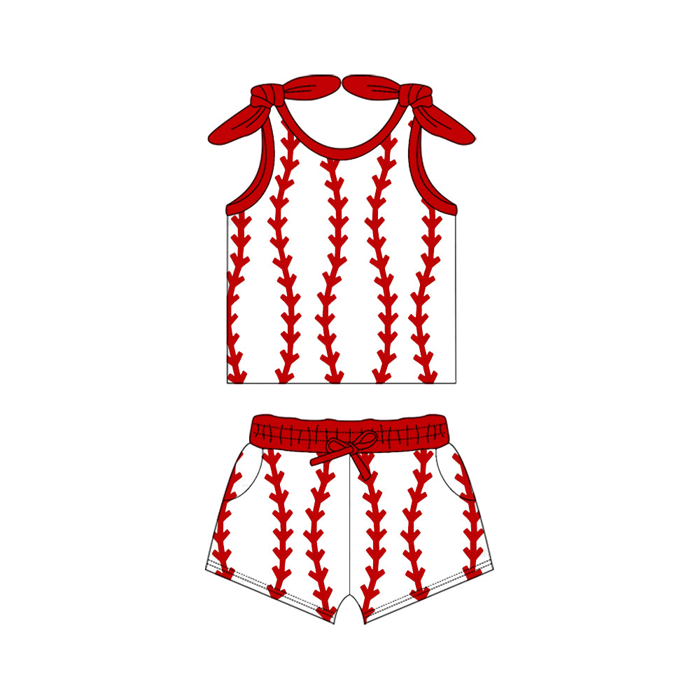 MOQ 5 PCS Preorder GSSO3096 Baseball Print Red White Sleeveless Shorts Girls Sets 202512