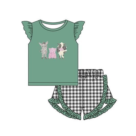 MOQ 5 PCS Preorder GSSO3097 Farm Animals Donkey Cow Pig Green Flying Sleeve Shorts Girls Sets 202512