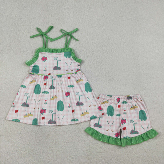 GSSO3099 Golf Pattern Pink Plaid Green Ruffle Sleeveless Shorts Girls Sets 202601 RTS