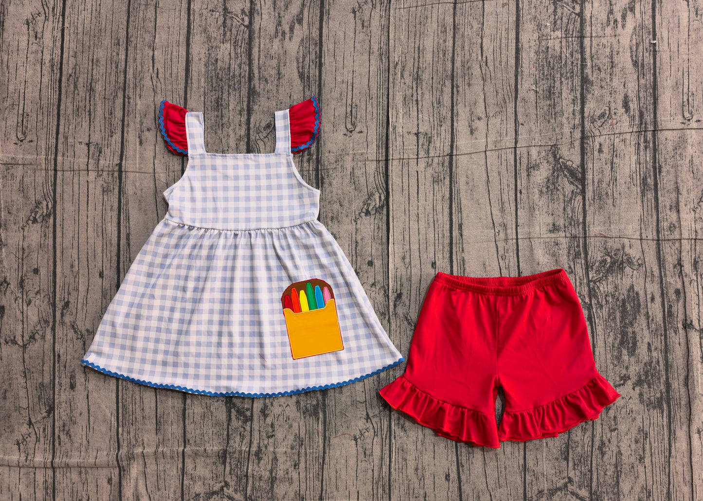 NO MOQ Preorder GSSO3101 Embroidered Back to School Crayon Red Flying Sleeve Shorts Girls Sets 202601