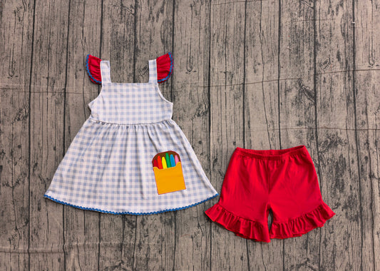 NO MOQ Preorder GSSO3101 Embroidered Back to School Crayon Red Flying Sleeve Shorts Girls Sets 202601