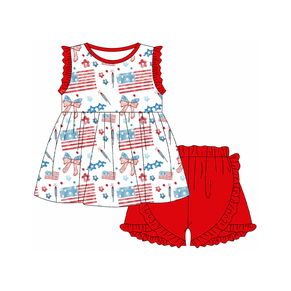 MOQ 5 PCS Preorder GSSO3102 4th of July Flower Bows Flag Red Ruffle Sleeveless Shorts Girls Sets 202512