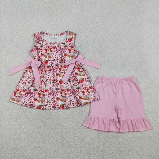 GSSO3104 Strawberry Girl Bows Pink Plaid Sleeveless Shorts Girls Sets 202603 RTS