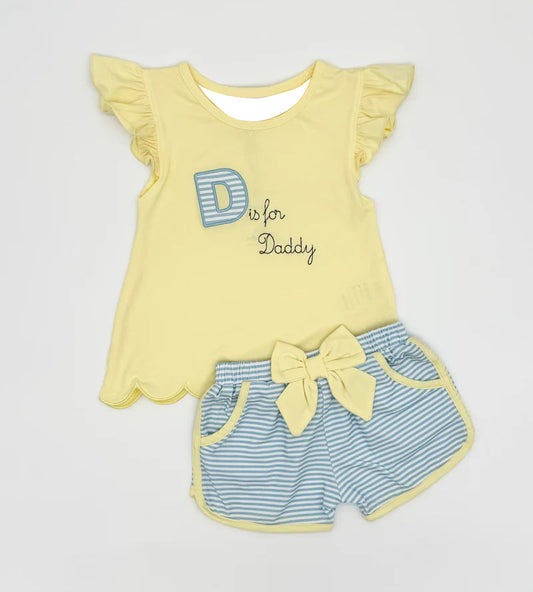 MOQ 5 PCS Preorder GSSO3106 D is for Daddy Letter Yellow Flying Sleeve Blue Shorts Girls Sets 202512