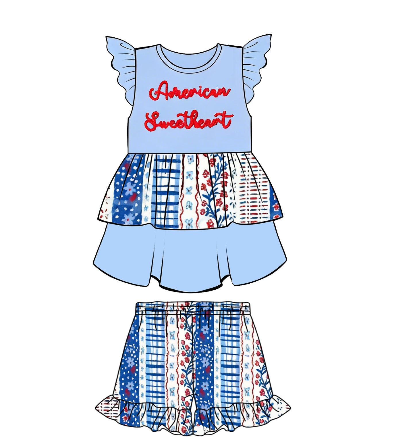 MOQ 5 PCS Preorder GSSO3108 4th of July American Sweetheart Floral Ruffle Blue Flying Sleeve Shorts Girls Sets 202512