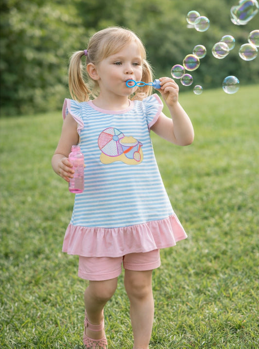 GSSO3109 Embroidered Beach Ball Stripe Pink Ruffle Blue Flying Sleeve Shorts Girls Sets 202604 RTS