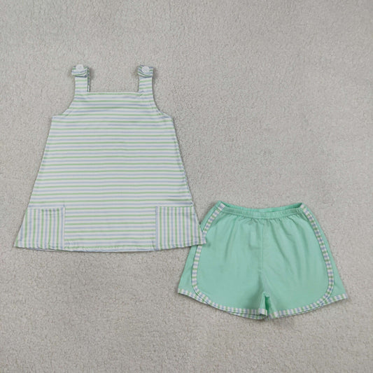 GSSO3110 Blue Green Stripe Sleeveless Shorts Girls Sets 202603 RTS