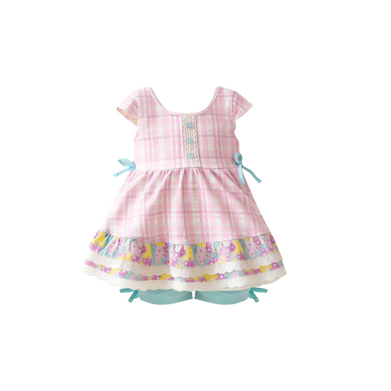 MOQ 5 PCS Preorder GSSO3111 Flower Lace Ruffle Pink Plaid Short Sleeve Green Shorts Girls Sets 202601