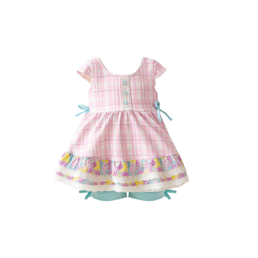 MOQ 5 PCS Preorder GSSO3111 Flower Lace Ruffle Pink Plaid Short Sleeve Green Shorts Girls Sets 202601