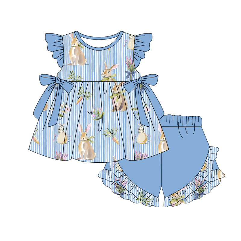 MOQ 5 PCS Preorder GSSO3114 Easter Bunny Stripe Bows Blue Flying Sleeve Shorts Girls Sets 202601