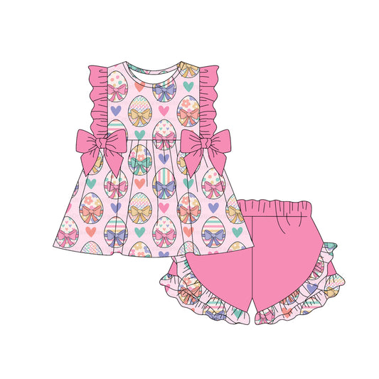 MOQ 5 PCS Preorder GSSO3115 Easter Colored Eggs Bows Pink Ruffle Sleeveless Shorts Girls Sets 202601