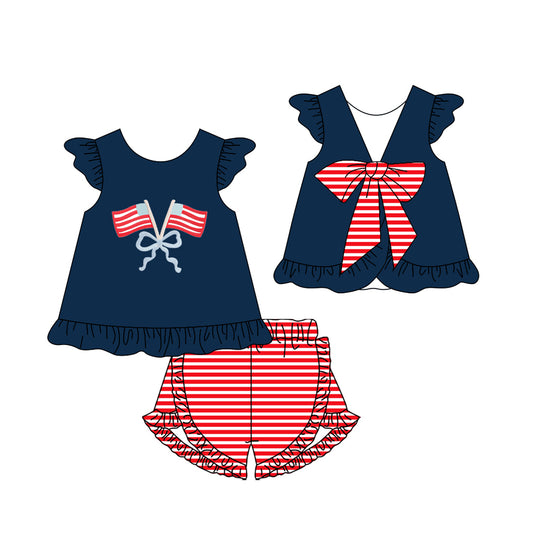 MOQ 5 PCS Preorder GSSO3116 4th of July Flag Bows Navy Flying Sleeve Red Stripe Ruffle Shorts Girls Sets 202601