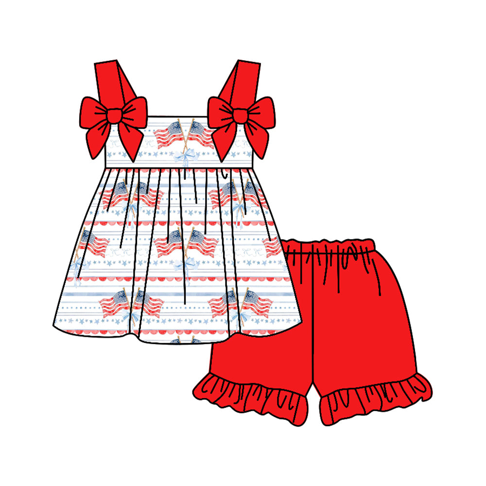 MOQ 5 PCS Preorder GSSO3117 4th of July Flag Bows Star Stripe Red Sleeveless Ruffle Shorts Girls Sets 202601