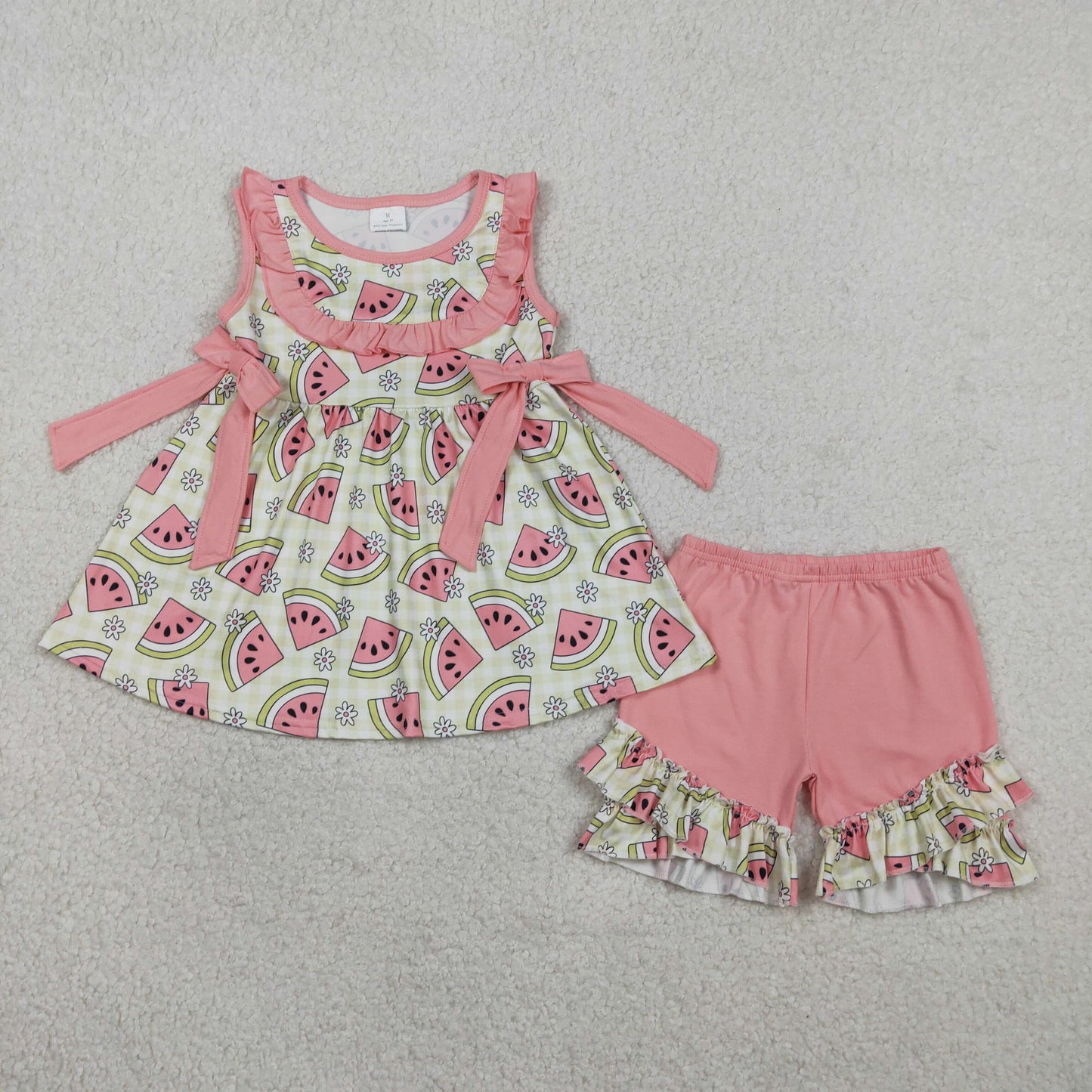 GSSO3118 Watermelon Flower Plaid Bows Pink Ruffle Sleeveless Shorts Girls Sets 202602 RTS