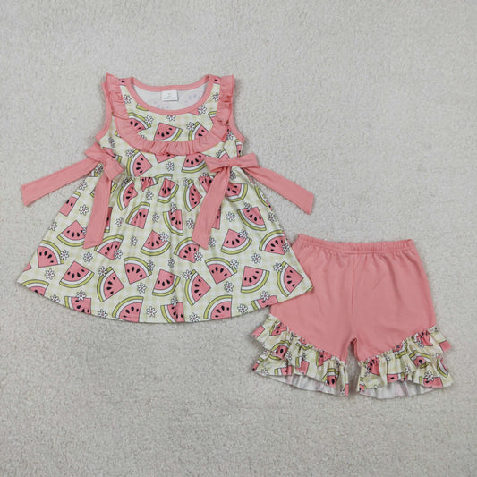 GSSO3118 Watermelon Flower Plaid Bows Pink Ruffle Sleeveless Shorts Girls Sets 202602 RTS