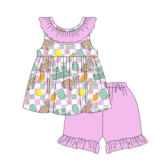 MOQ 5 PCS Preorder GSSO3119 Easter Bunny Cross Colored Eggs Plaid Purple Pink Ruffle Sleeveless Shorts Girls Sets 202601