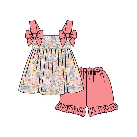 MOQ 5 PCS Preorder GSSO3120 Easter Bunny Flower Bows Pink Ruffle Sleeveless Shorts Girls Sets 202601