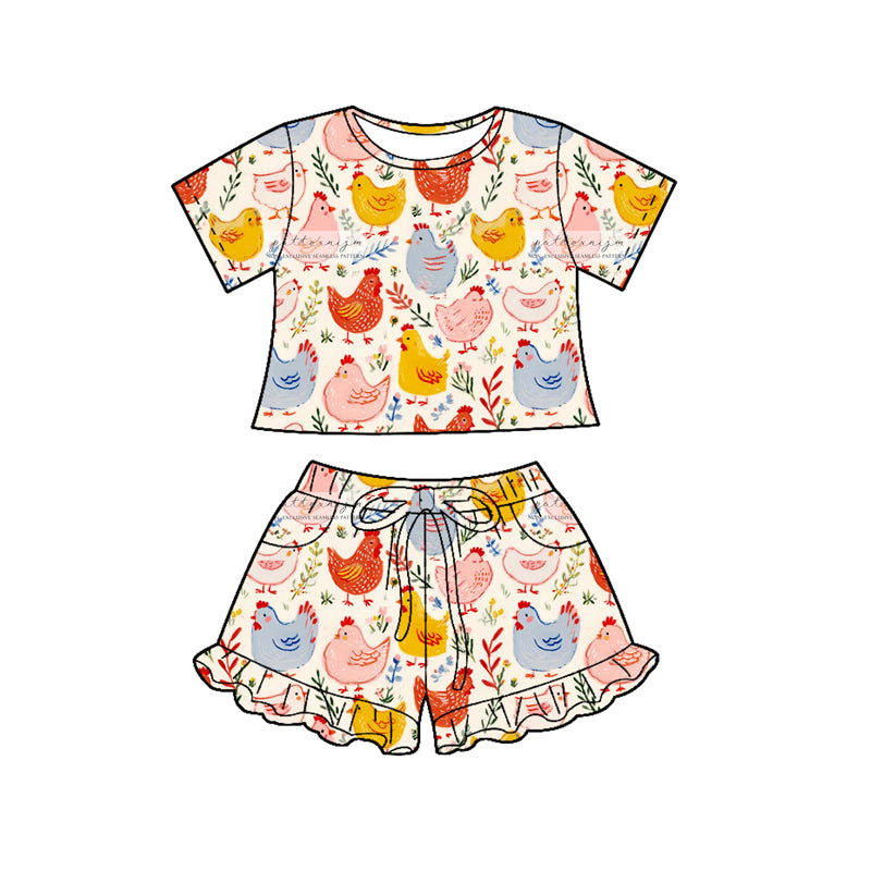 MOQ 5 PCS Preorder GSSO3122 Chick Flower Leaf Pink Ruffle Short Sleeve Shorts Girls Sets 202601