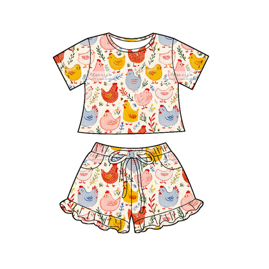 MOQ 5 PCS Preorder GSSO3122 Chick Flower Leaf Pink Ruffle Short Sleeve Shorts Girls Sets 202601
