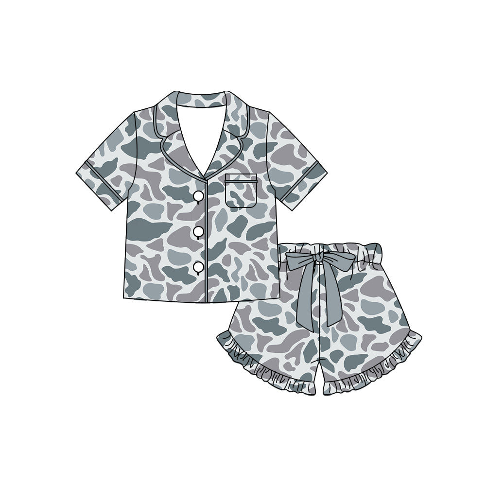 MOQ 5 PCS Preorder GSSO3124 Gray Blue Camouflage Ruffle Polo Short Sleeve Shorts Girls Pajama Set 202601