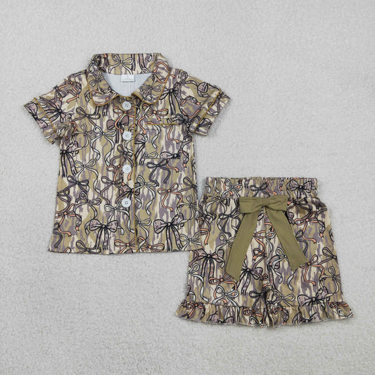 GSSO3126 Bows Army Green Camouflage Ruffle Polo Short Sleeve Shorts Girls Pajama Set 202602 RTS