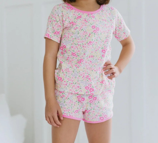 GSSO3129 Colored Flower Pink White Short Sleeve Shorts Girls Sets 202602 RTS