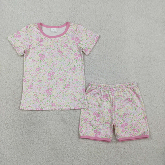 GSSO3129 Colored Flower Pink White Short Sleeve Shorts Girls Sets 202602 RTS