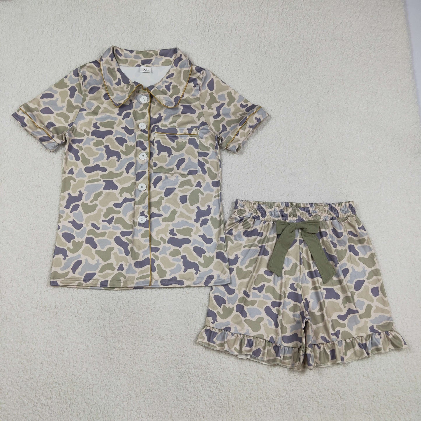 GSSO3135 Adult Female Gray Green Blue Camouflage Polo Button Short Sleeve Ruffle Shorts Pajama Set 202603 RTS